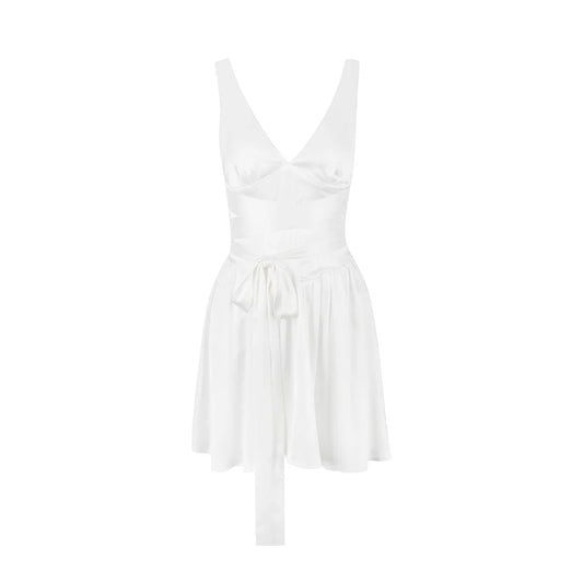 A&A White Satin Summer V Neck A Line Mini Dress