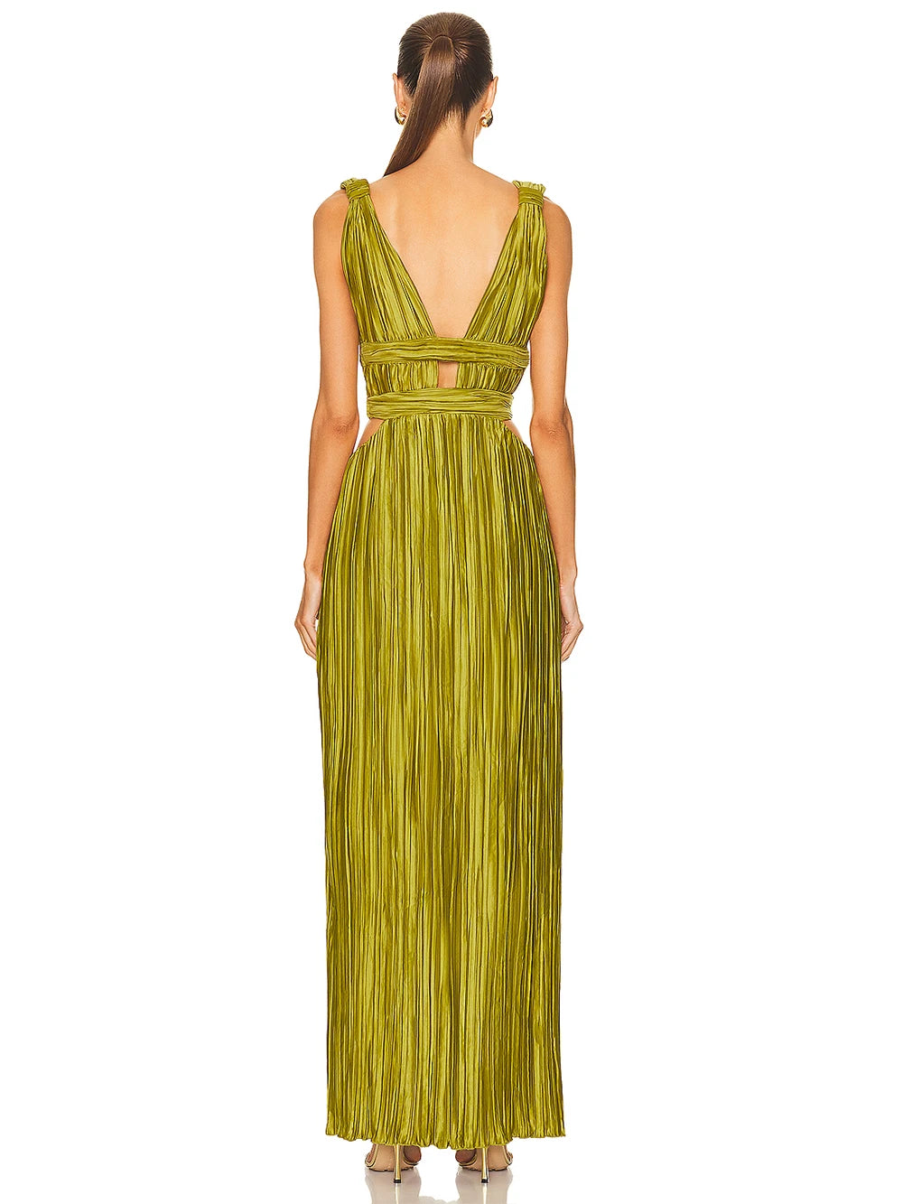 A&A Luxe Elegant Luxury Sleeveless  Plunge V-Neck Pleated Maxi Dress