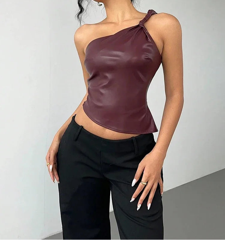 A&A Burgundy Twist Faux leather One Shoulder Cropped Top