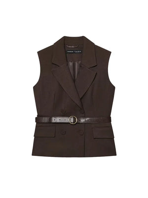 A&A Belted Sleeveless Blazer Vest & Wide Leg Pants Set