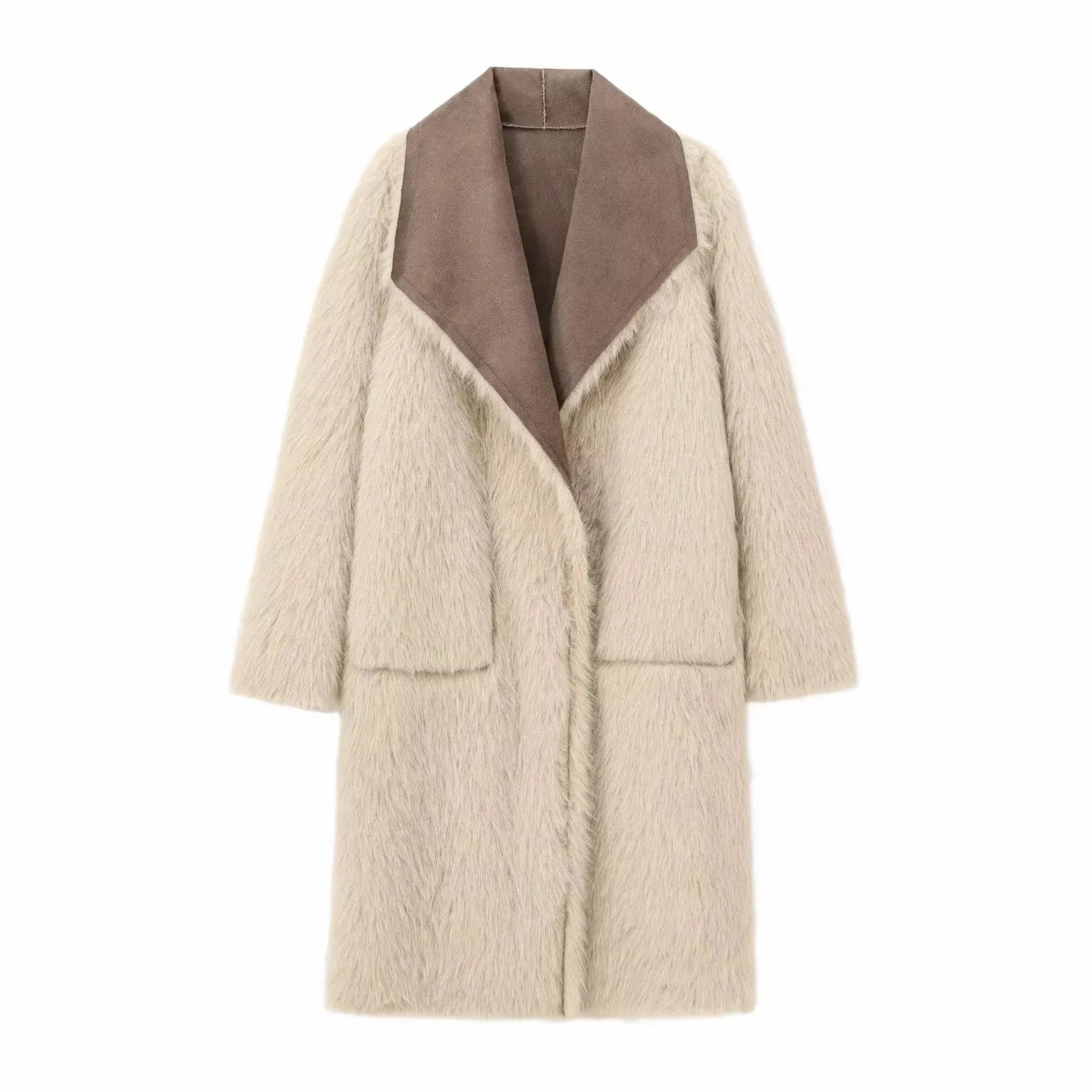 A&A Reversible Faux Fur & Suede Coat in Beige & Mocha Brown