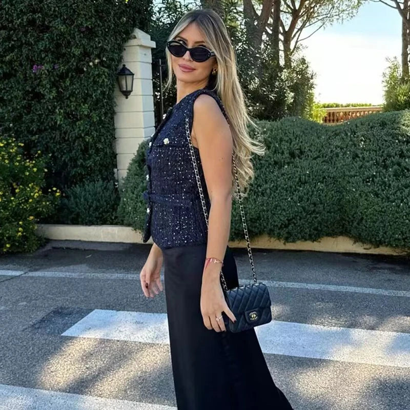 A&A Cyra Tweed Belted Waistcoat Vest