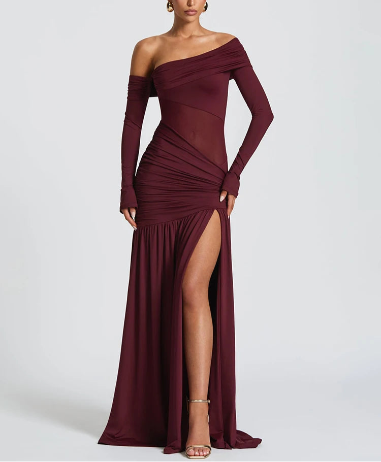 A&A One Shoulder Ruched High Split Maxi Dress