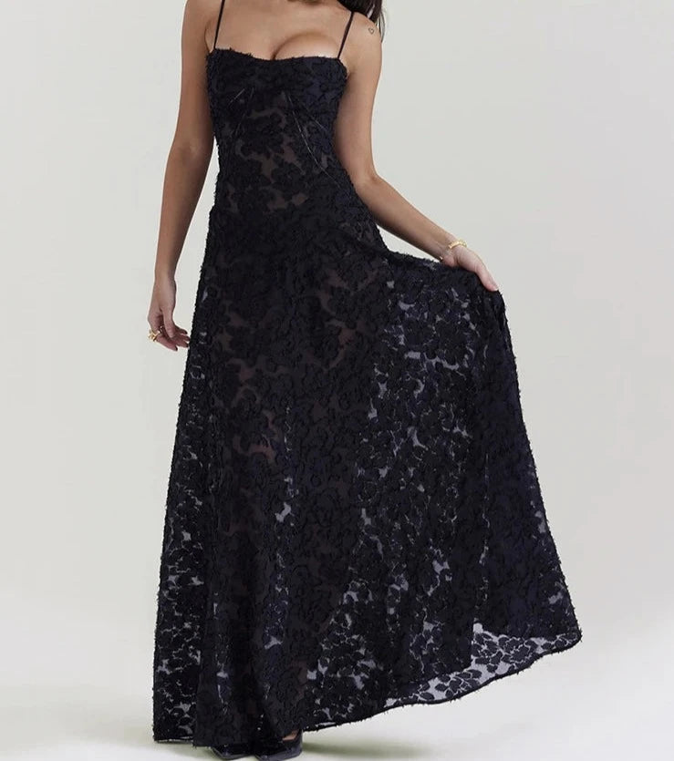 A&A Lace Floral Spaghetti Strap Sheer Sleeveless Black Dress