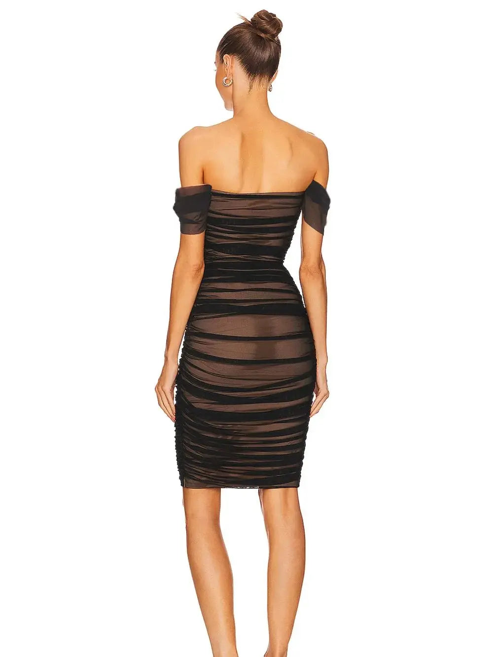 A&A Off The Shoulder Mesh Ruched Midi Bodycon  Dress
