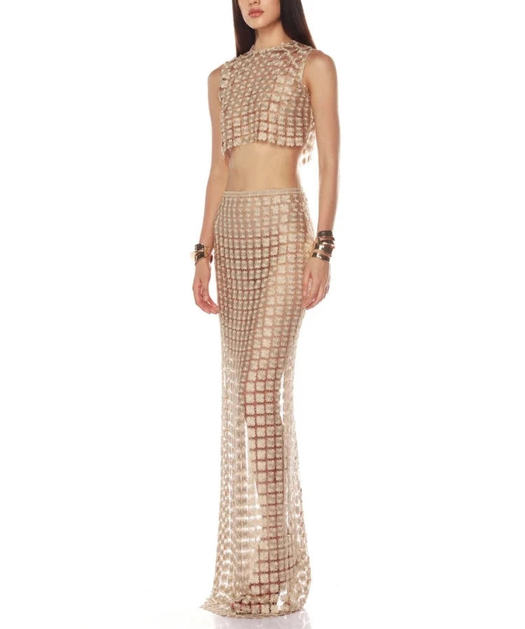 A&A Luxe Champagne Gold Embellished Two Piece Set Crop Top & Maxi Skirt