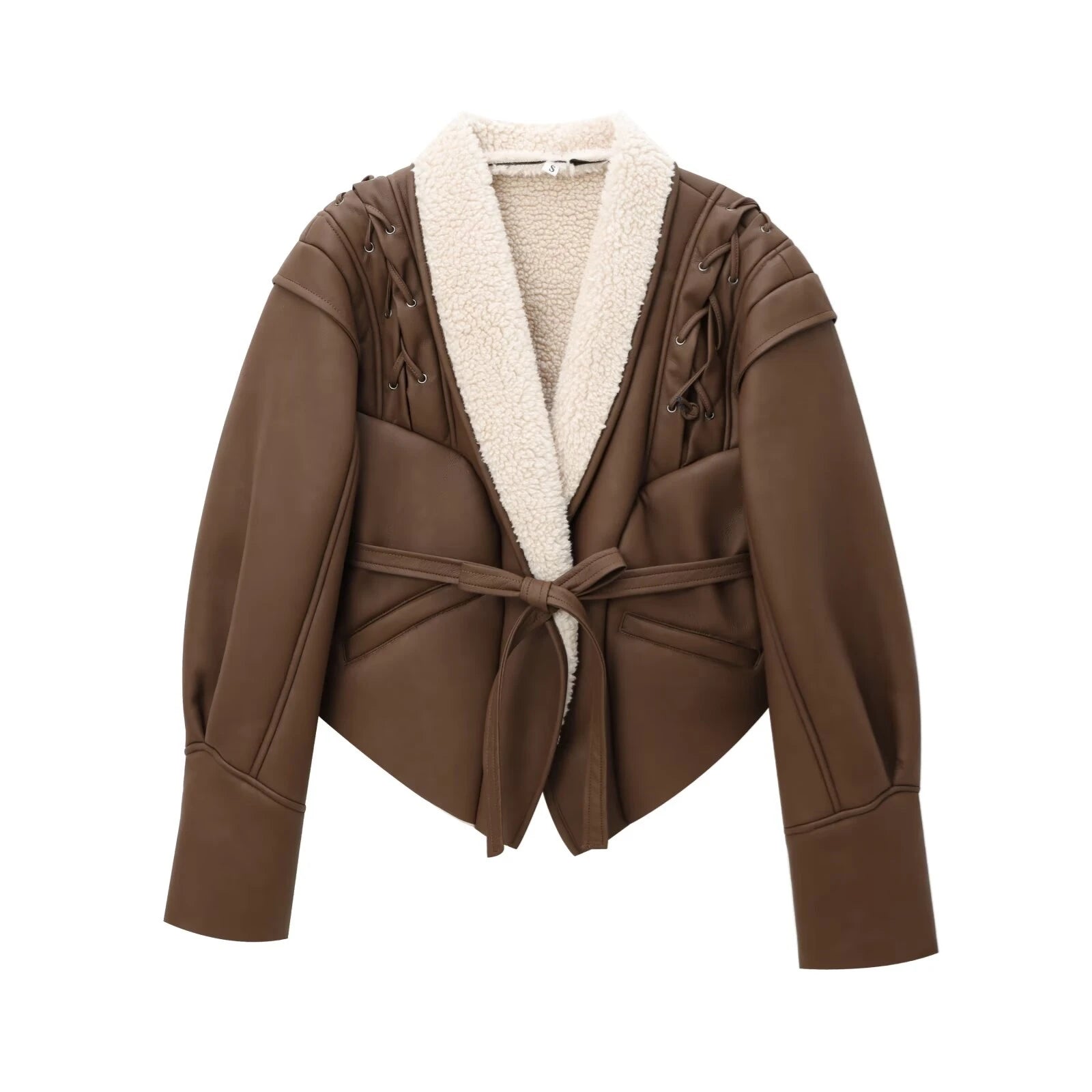 A&A Brown Shearling Lined Faux Leather Coat with Laced Up Shoulders