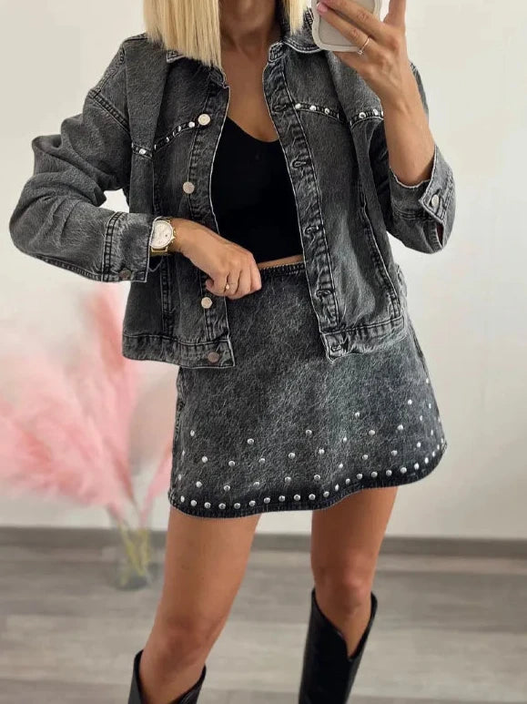 A&A Chic Stonewashed Denim Jacket And Skirt Set