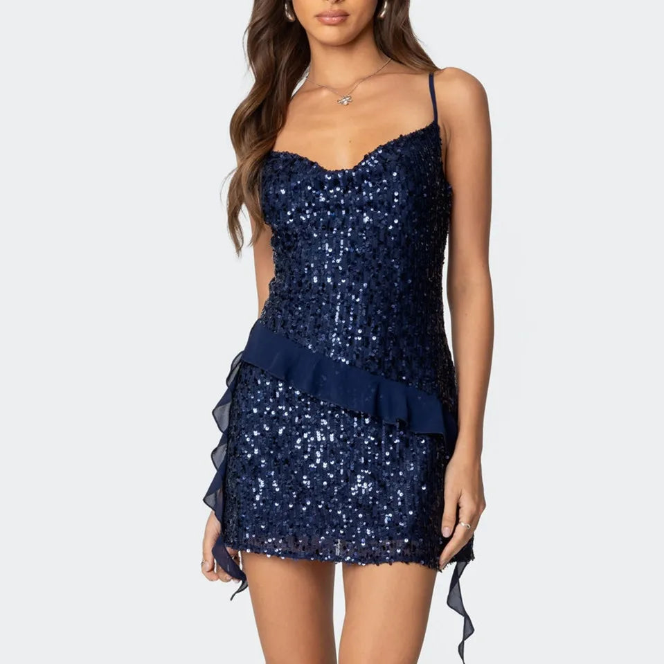 A&A Navy Blue Sparkle Sequin Ruffle Party Dress