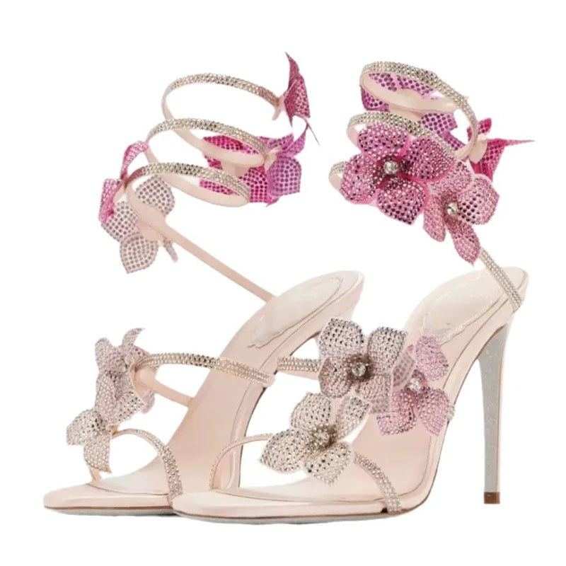 A&A Aeris Pink Crystal Flower Wrap Up Heels