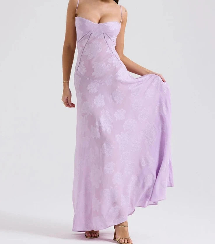 A&A Lace Floral Spaghetti Strap Sheer Sleeveless Lilac Dress