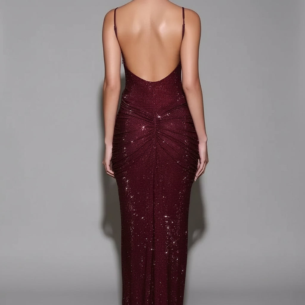 A&A Luxe Rhinestone Embellished Ruched Backless Maxi Dress