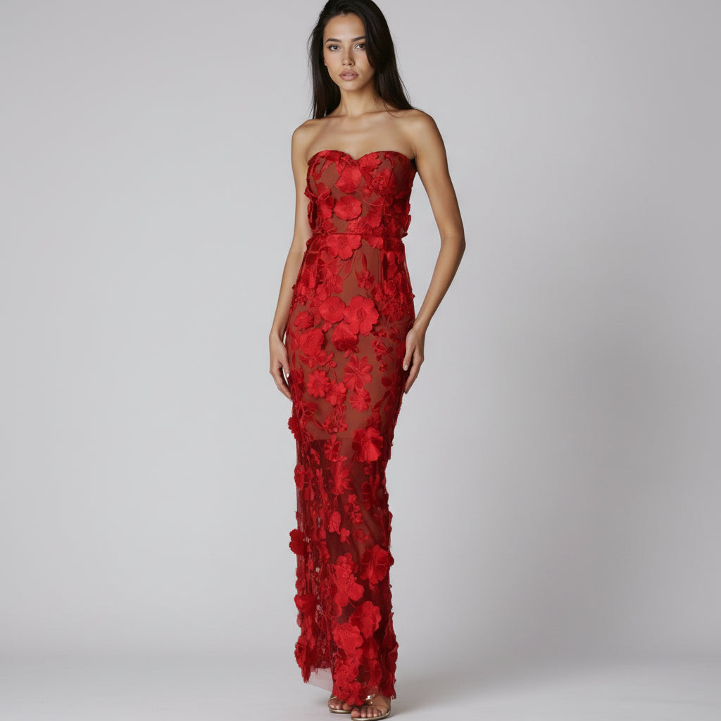 A&A Luxe Embroidered Flower Lace Mesh Strapless Dress