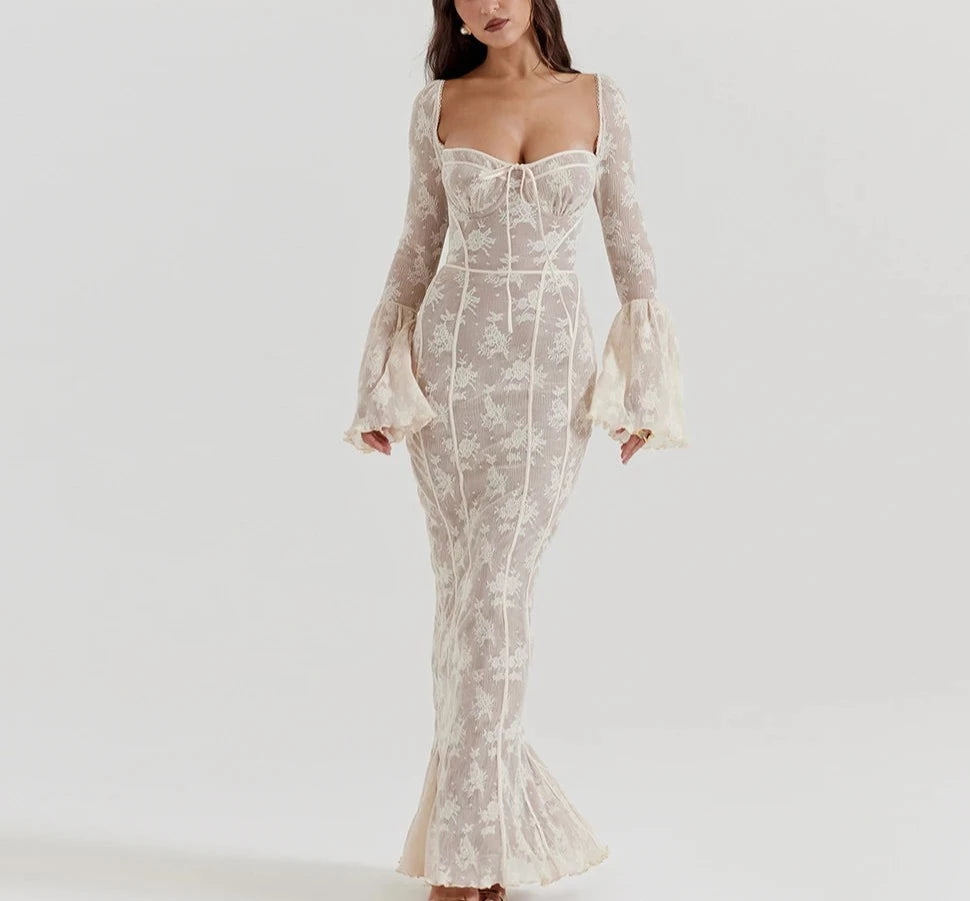 A&A  Luxe Lace Vintage Floral Long Sleeve Maxi Dress
