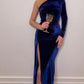 A&A One Shoulder Ruched Slit Velvet Midi Dress