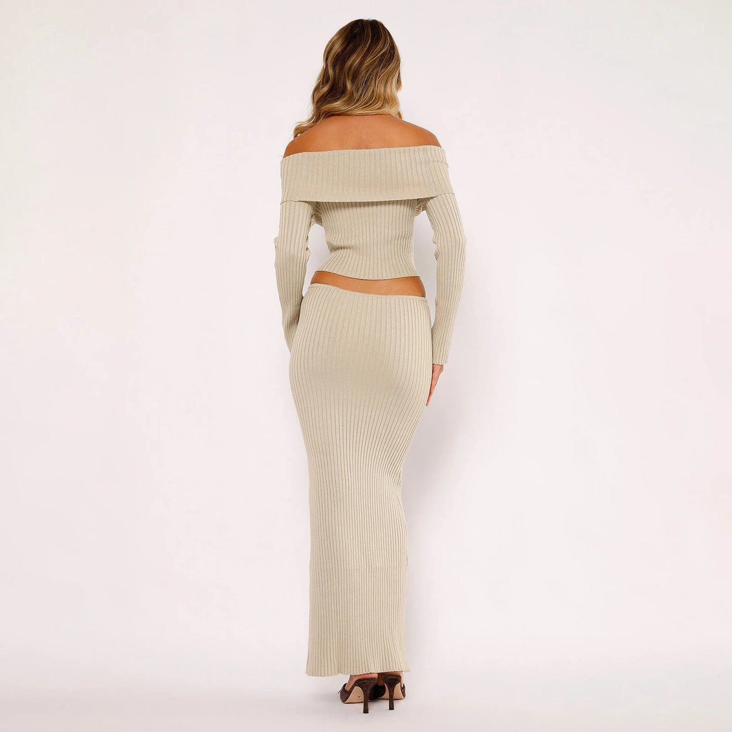 A&A Off The Shoulder Long Sleeve Ribbed Knit Crop Top and Maxi Skirt Set