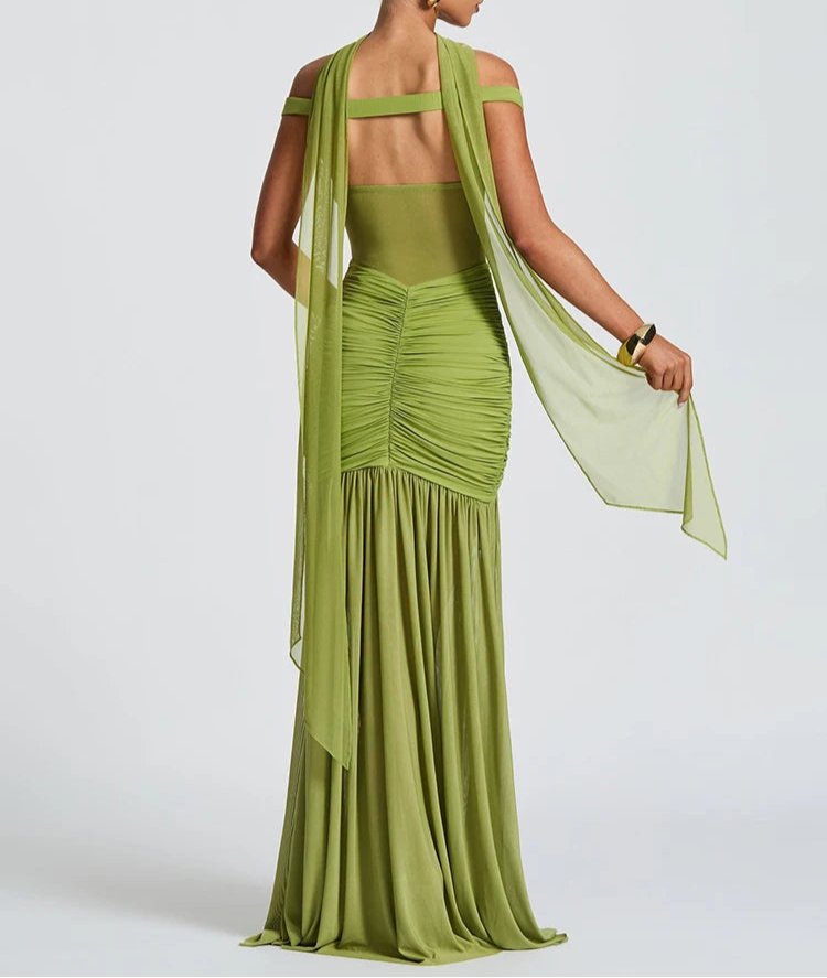 A&A Off-Shoulder Sheer Maxi Thigh High Split Maxi Dress