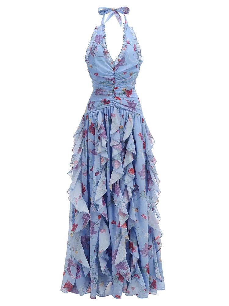 A&A Luxe Bluebell Halter Neck Floral Print Ruffles Maxi Dress