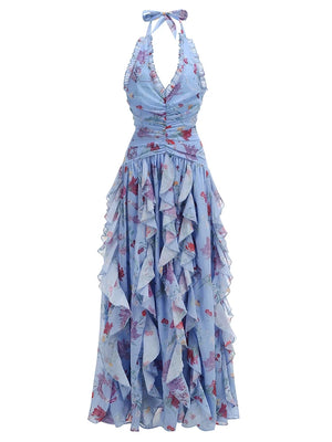 A&A Luxe Bluebell Halter Neck Floral Print Ruffles Maxi Dress