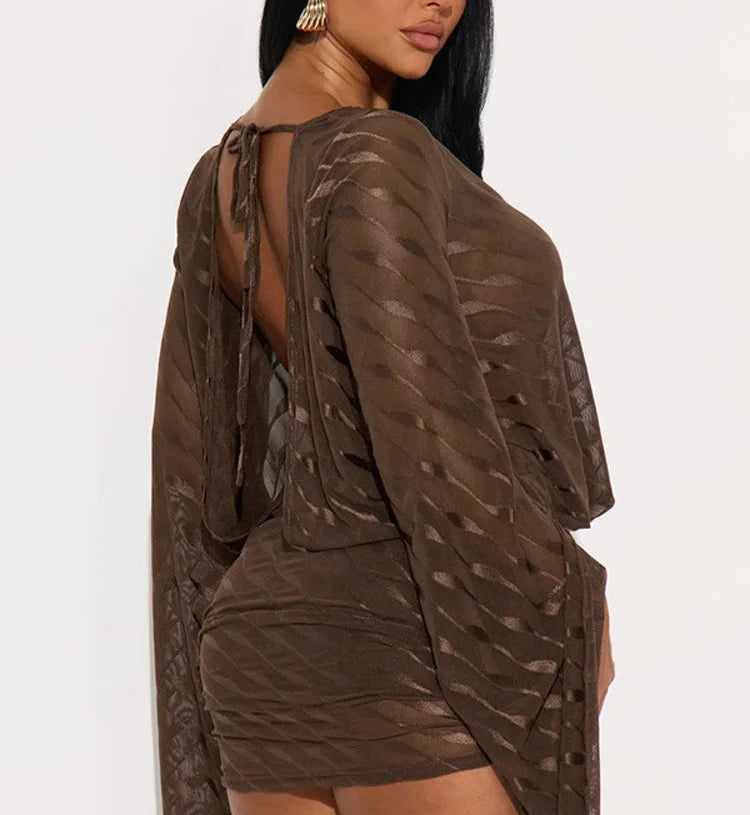 A&A Brown Sheer Long-Sleeve Tie-Waist Mini Dress
