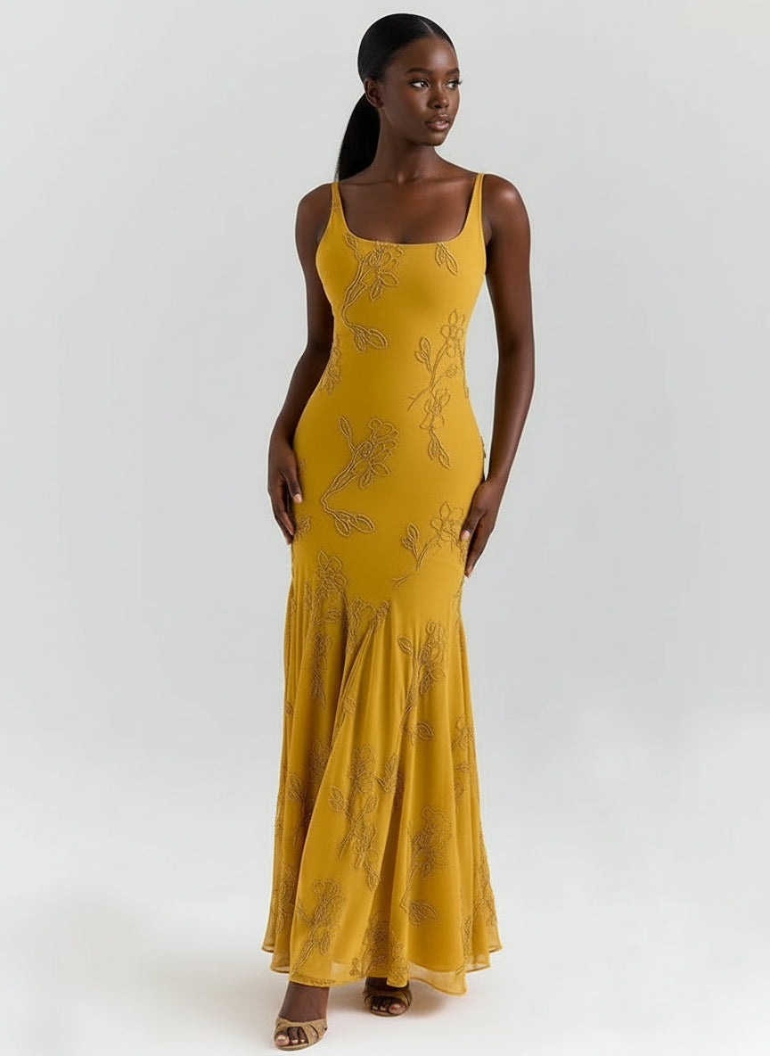A&A Luxe Spaghetti Strap Backless Mustard Maxi Dress