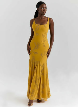 A&A Luxe Spaghetti Strap Backless Mustard Maxi Dress
