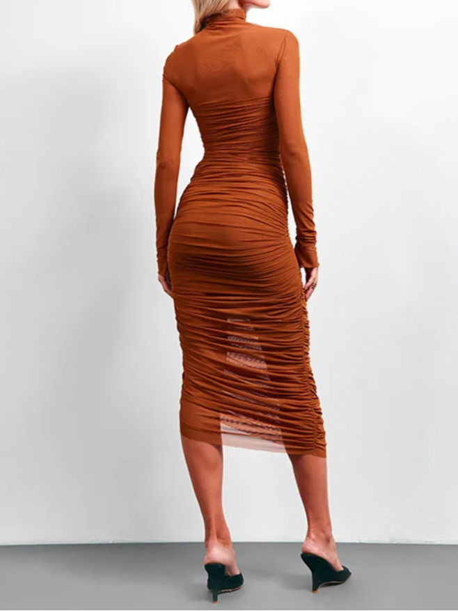 A&A Ruched Burnt Orange Mesh Midi Dress