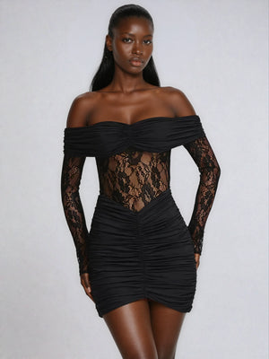 A&A Off-shoulder Long Sleeve Lace Ruched Mini Dress