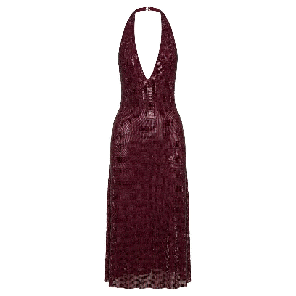 A&A Luxe Halter Open-Back Sparkling Sheer Midi Dress