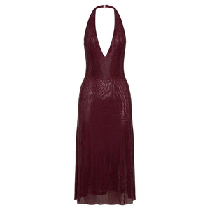 A&A Luxe Halter Open-Back Sparkling Sheer Midi Dress