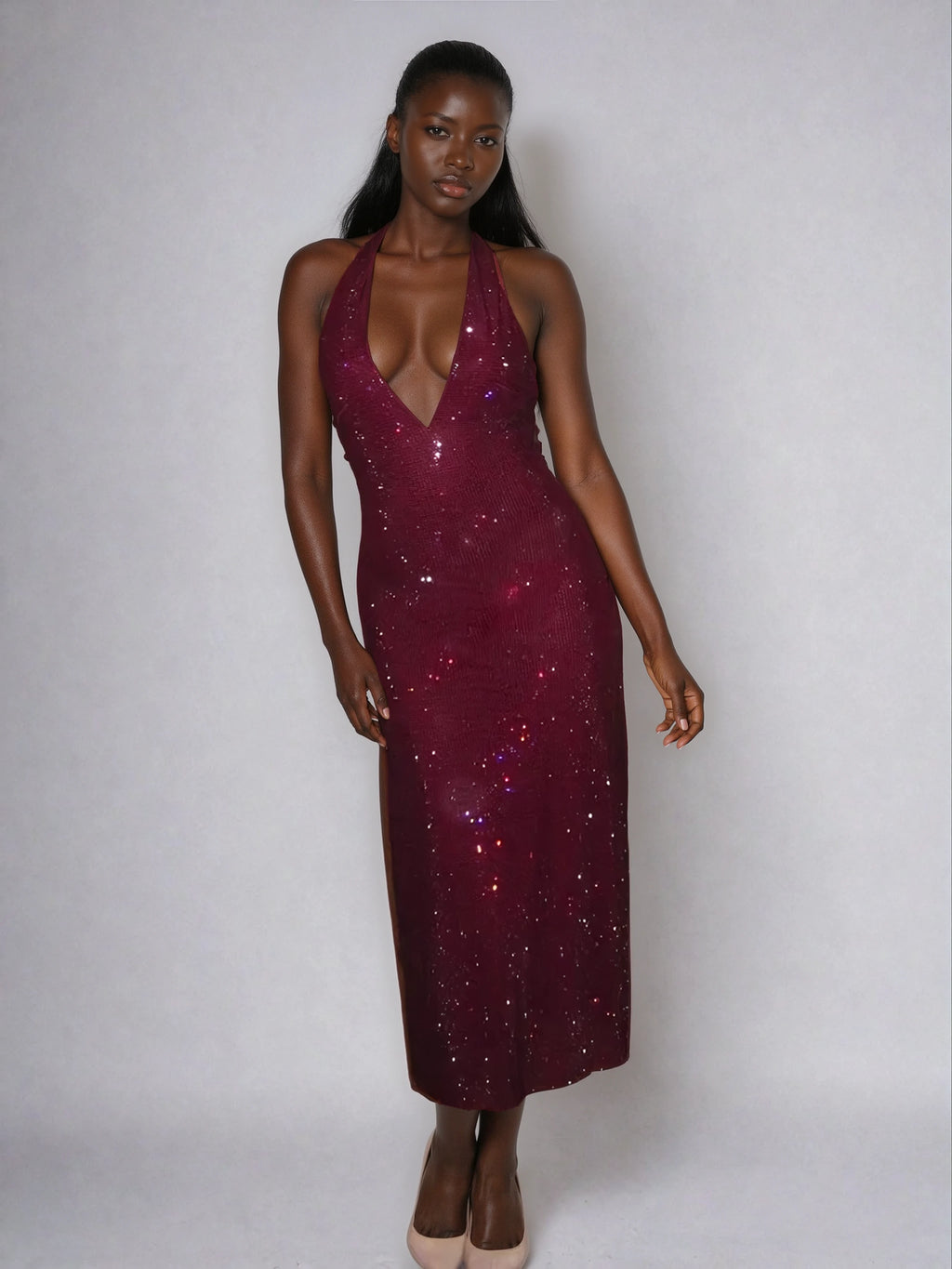 A&A Luxe Halter Open-Back Sparkling Sheer Midi Dress