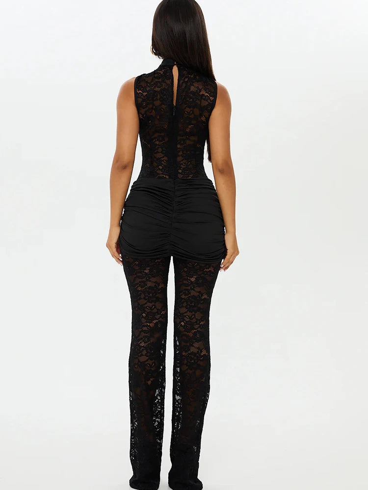 A&A Black Sleeveless Draped Lace Sheer Jumpsuit
