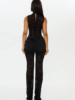 A&A Black Sleeveless Draped Lace Sheer Jumpsuit