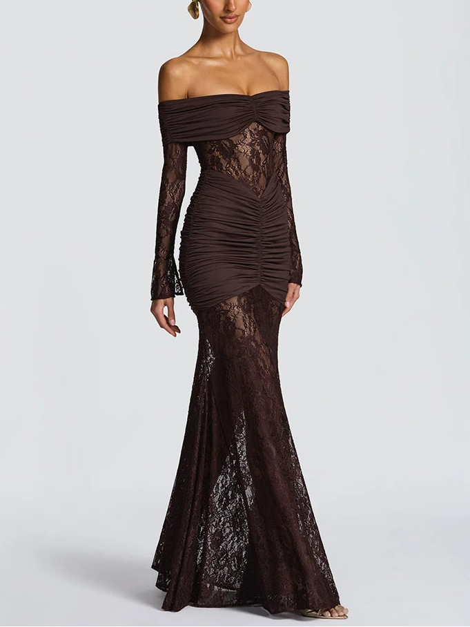 A&A Luxe Off-Shoulder Sheer Long Sleeve Maxi Dress, Coffee / S A&A Luxe Off-Shoulder Sheer Long Sleeve Maxi Dress, Coffee / S