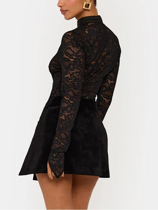 A&A Lace Long Sleeve Bodysuit And Mini Skirt Set