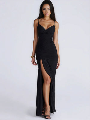 A&A Spaghetti Strap Elegant Black Ruched Slit Maxi Dress