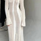 A&A Frayed Knit Sheer Long Sleeve Maxi Dress