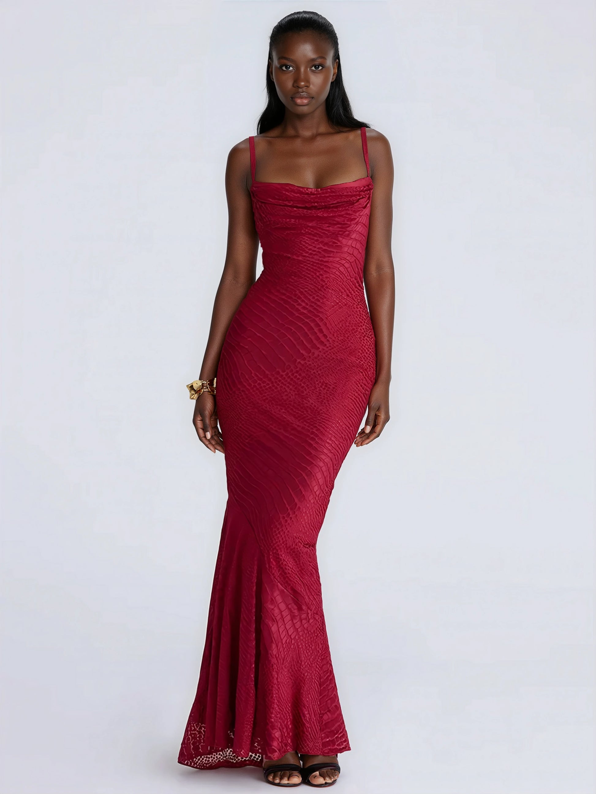 A&A Luxe Spaghetti Strap Backless Satin Maxi Dress
