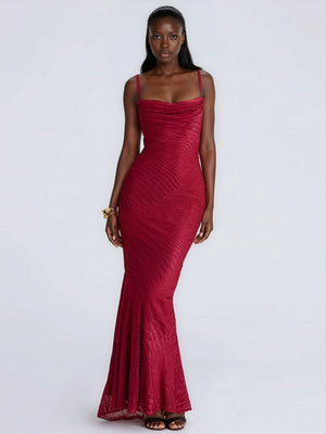 A&A Luxe Spaghetti Strap Backless Satin Maxi Dress