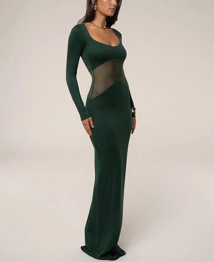 A&A Mesh Long Sleeve Sheer Insert Bodycon Maxi Dress