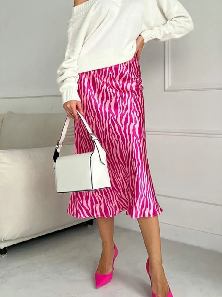A&A Elegant Midi Satin Print High Waist Skirt
