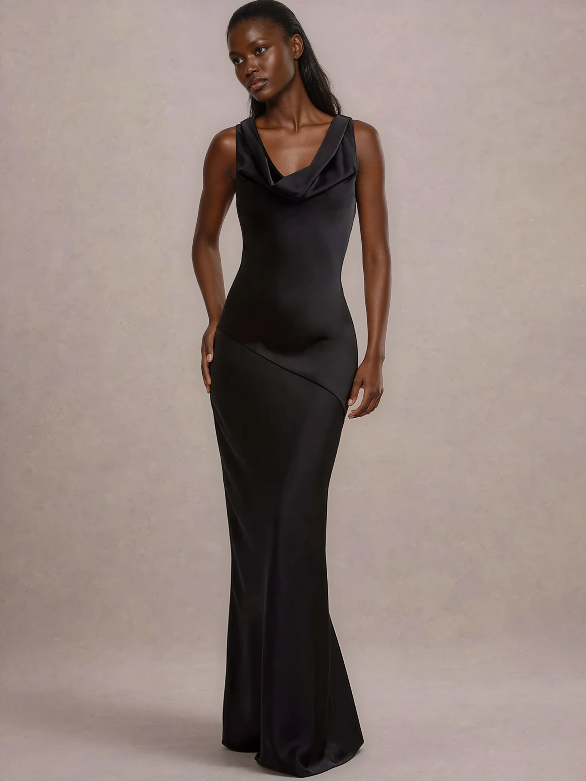 A&A Luxe Cowl Neck And Backless Satin Maxi Dress