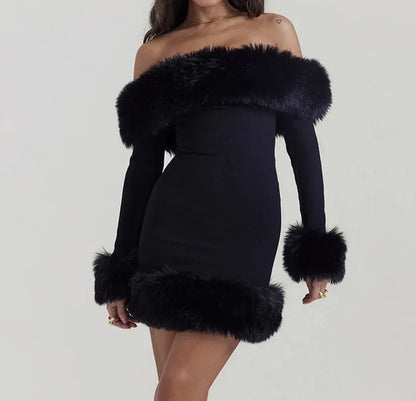 A&A Elegant Fur Off The Shoulder Mini Dress