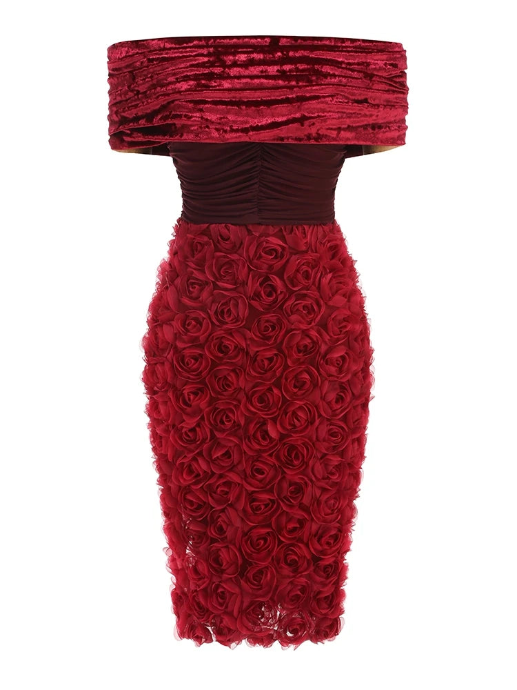 A&A Luxe Off The Shoulder Flower Mesh Midi Dress