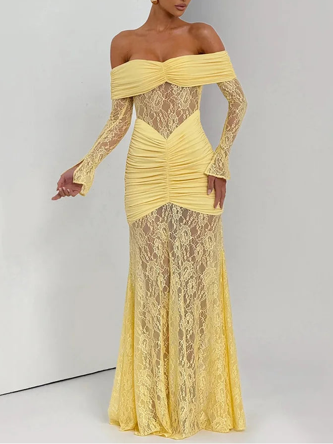 A&A Luxe Off-Shoulder Sheer Long Sleeve Maxi Dress