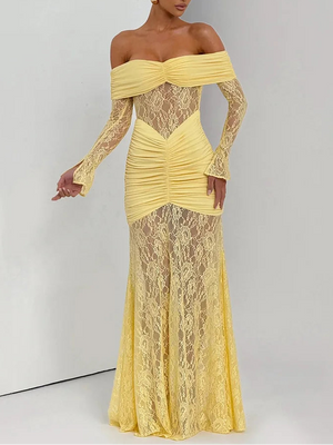 A&A Luxe Off-Shoulder Sheer Long Sleeve Maxi Dress