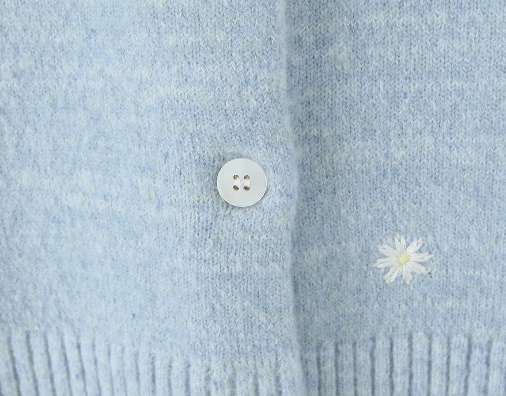 A&A Freesia Blue Embroidery Crewneck Cardigan