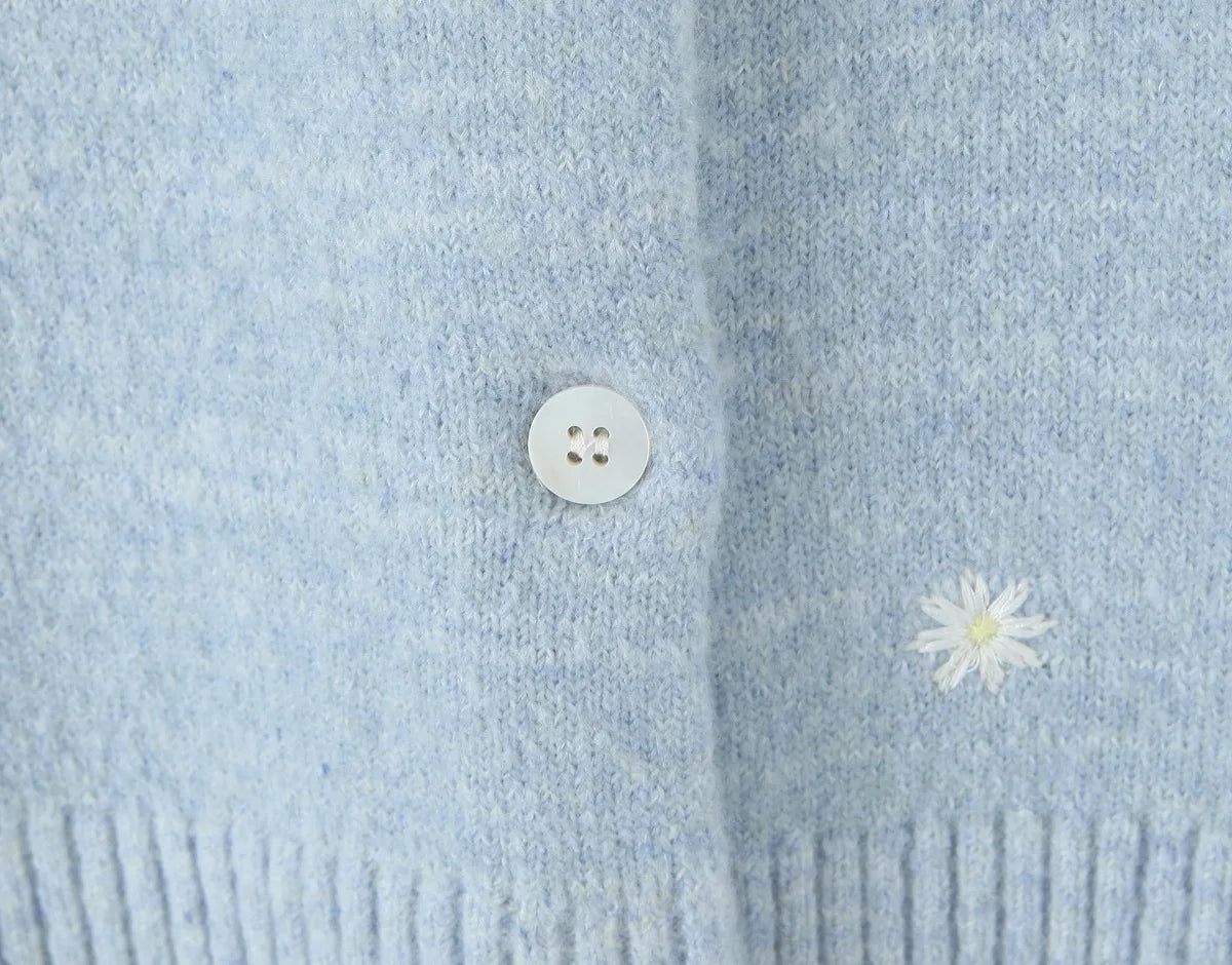 A&A Freesia Blue Embroidery Crewneck Cardigan