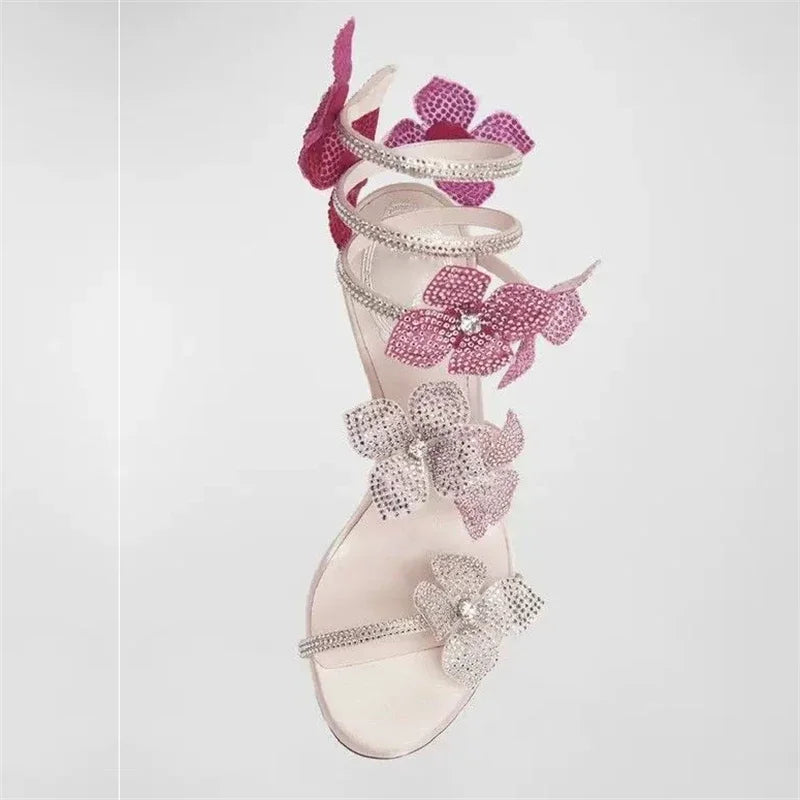A&A Aeris Pink Crystal Flower Wrap Up Heels