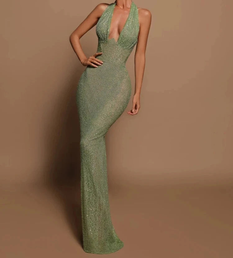 A&A Luxe Halter Deep V Neck Sequins Maxi Dress ARIELLA & AYANA A&A Luxe Halter Deep V Neck Sequins Maxi Dress ARIELLA & AYANA